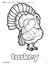 Free printable turkey Thanksgiving coloring page for preschool, pre-k, and kindergarten, PDF