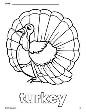 Free printable turkey Thanksgiving coloring page for preschool, pre-k, and kindergarten, PDF