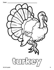 Free printable turkey Thanksgiving coloring page for preschool, pre-k, and kindergarten, PDF