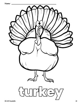 Free printable turkey Thanksgiving coloring page for preschool, pre-k, and kindergarten, PDF