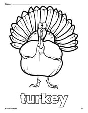 Free printable turkey Thanksgiving coloring page for preschool, pre-k, and kindergarten, PDF