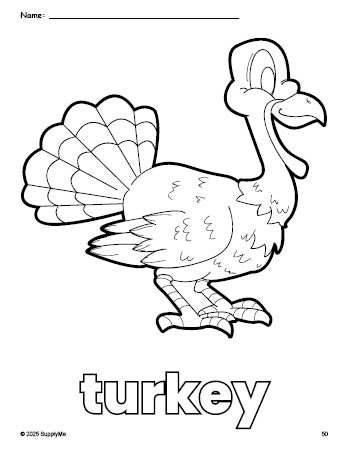 Free printable turkey Thanksgiving coloring page for preschool, pre-k, and kindergarten, PDF