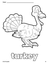 Free printable turkey Thanksgiving coloring page for preschool, pre-k, and kindergarten, PDF