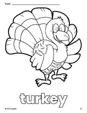 Free printable turkey Thanksgiving coloring page for preschool, pre-k, and kindergarten, PDF