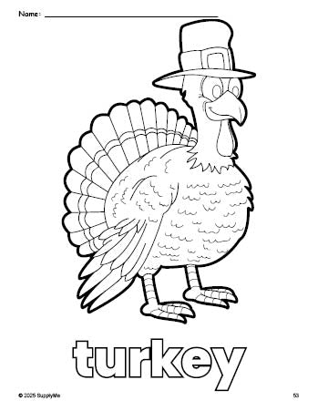 Free printable turkey Thanksgiving coloring page for preschool, pre-k, and kindergarten, PDF