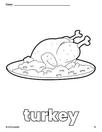 Free printable turkey Thanksgiving coloring page for preschool, pre-k, and kindergarten, PDF