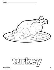 Free printable turkey Thanksgiving coloring page for preschool, pre-k, and kindergarten, PDF