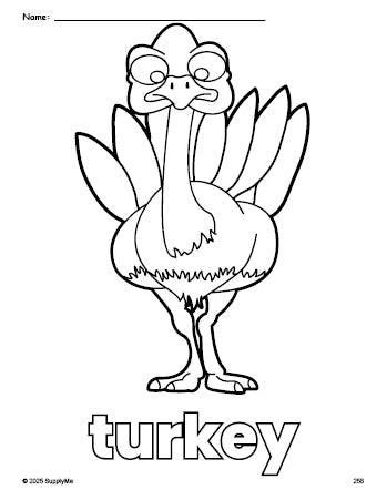 Free printable turkey Thanksgiving coloring page for preschool, pre-k, and kindergarten, PDF