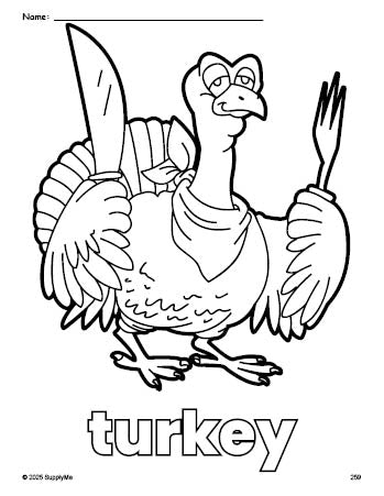 Free printable turkey Thanksgiving coloring page for preschool, pre-k, and kindergarten, PDF