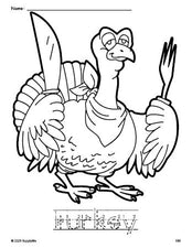 Free printable turkey Thanksgiving coloring page and word tracing worksheet, letter formation guides, perfect for preschool, pre-k, and kindergarten, PDF