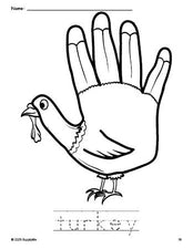 Free printable turkey Thanksgiving coloring page and word tracing worksheet, perfect for preschool, pre-k, and kindergarten, PDF