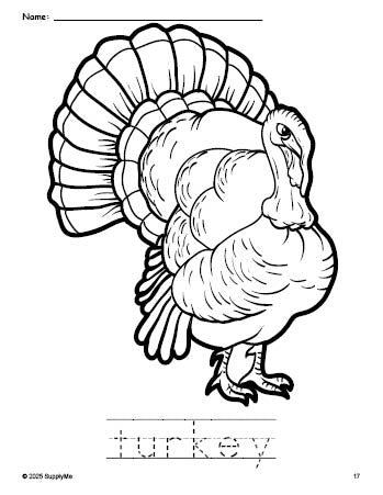 Free printable turkey Thanksgiving coloring page and word tracing worksheet, perfect for preschool, pre-k, and kindergarten, PDF