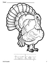 Free printable turkey Thanksgiving coloring page and word tracing worksheet, perfect for preschool, pre-k, and kindergarten, PDF