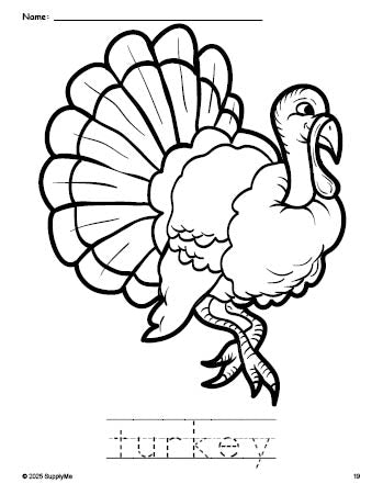 Free printable turkey Thanksgiving coloring page and word tracing worksheet, perfect for preschool, pre-k, and kindergarten, PDF