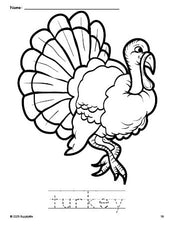 Free printable turkey Thanksgiving coloring page and word tracing worksheet, perfect for preschool, pre-k, and kindergarten, PDF