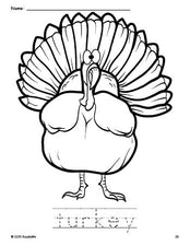 Free printable turkey Thanksgiving coloring page and word tracing worksheet, perfect for preschool, pre-k, and kindergarten, PDF