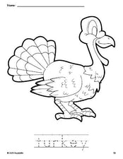 Free printable turkey Thanksgiving coloring page and word tracing worksheet, perfect for preschool, pre-k, and kindergarten, PDF