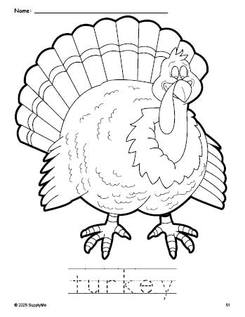 Free printable turkey Thanksgiving coloring page and word tracing worksheet, perfect for preschool, pre-k, and kindergarten, PDF