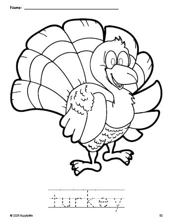 Free printable turkey Thanksgiving coloring page and word tracing worksheet, perfect for preschool, pre-k, and kindergarten, PDF