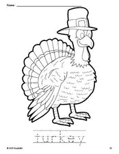 Free printable turkey Thanksgiving coloring page and word tracing worksheet, perfect for preschool, pre-k, and kindergarten, PDF