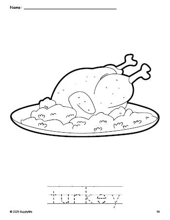 Free printable turkey Thanksgiving coloring page and word tracing worksheet, perfect for preschool, pre-k, and kindergarten, PDF