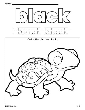 Free turtle color black coloring page and color worksheet, black worksheet for preschoolers to learn colors, printable PDF