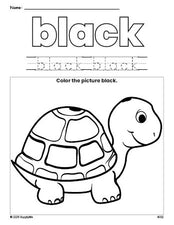 Free turtle color black coloring page and color worksheet, black worksheet for preschoolers to learn colors, printable PDF