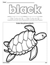 Free turtle color black coloring page and color worksheet, black worksheet for preschoolers to learn colors, printable PDF