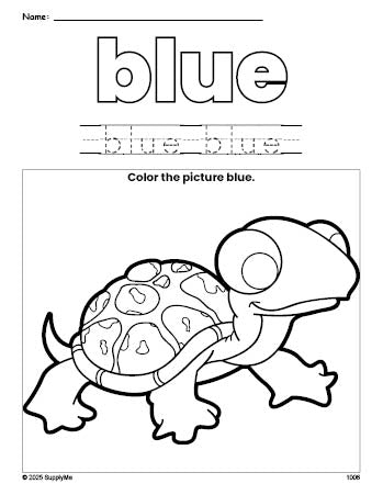 Free turtle color blue coloring page and color worksheet, blue worksheet for preschoolers to learn colors, printable PDF