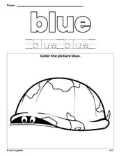 Free turtle color blue coloring page and color worksheet, blue worksheet for preschoolers to learn colors, printable PDF