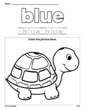 Free turtle color blue coloring page and color worksheet, blue worksheet for preschoolers to learn colors, printable PDF