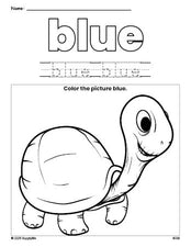 Free turtle color blue coloring page and color worksheet, blue worksheet for preschoolers to learn colors, printable PDF