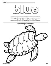 Free turtle color blue coloring page and color worksheet, blue worksheet for preschoolers to learn colors, printable PDF