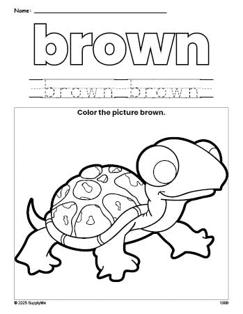 Free turtle color brown coloring page and color worksheet, brown worksheet for preschoolers to learn colors, printable PDF