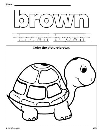 Free turtle color brown coloring page and color worksheet, brown worksheet for preschoolers to learn colors, printable PDF