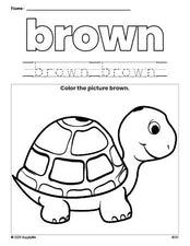 Free turtle color brown coloring page and color worksheet, brown worksheet for preschoolers to learn colors, printable PDF