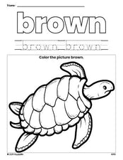 Free turtle color brown coloring page and color worksheet, brown worksheet for preschoolers to learn colors, printable PDF