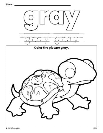 Free turtle color gray coloring page and color worksheet, gray worksheet for preschoolers to learn colors, printable PDF