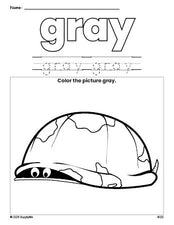 Free turtle color gray coloring page and color worksheet, gray worksheet for preschoolers to learn colors, printable PDF