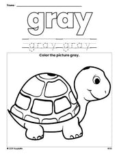 Free turtle color gray coloring page and color worksheet, gray worksheet for preschoolers to learn colors, printable PDF