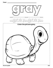 Free turtle color gray coloring page and color worksheet, gray worksheet for preschoolers to learn colors, printable PDF