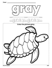 Free turtle color gray coloring page and color worksheet, gray worksheet for preschoolers to learn colors, printable PDF