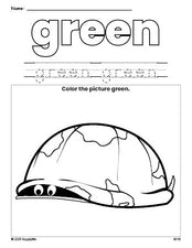 Free turtle color green coloring page and color worksheet, green worksheet for preschoolers to learn colors, printable PDF