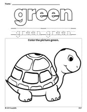 Free turtle color green coloring page and color worksheet, green worksheet for preschoolers to learn colors, printable PDF