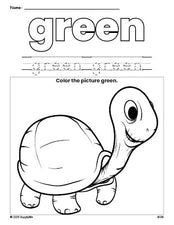 Free turtle color green coloring page and color worksheet, green worksheet for preschoolers to learn colors, printable PDF