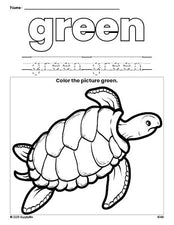 Free turtle color green coloring page and color worksheet, green worksheet for preschoolers to learn colors, printable PDF