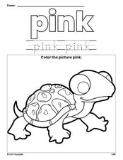 Free turtle color pink coloring page and color worksheet, pink worksheet for preschoolers to learn colors, printable PDF