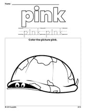 Free turtle color pink coloring page and color worksheet, pink worksheet for preschoolers to learn colors, printable PDF