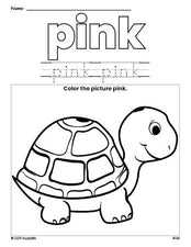 Free turtle color pink coloring page and color worksheet, pink worksheet for preschoolers to learn colors, printable PDF