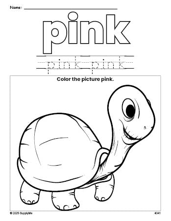 Free turtle color pink coloring page and color worksheet, pink worksheet for preschoolers to learn colors, printable PDF